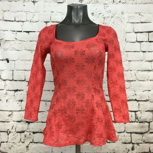 Free People Women's Top Long Sleeve Lace Peplum Hem Floral Orange Size Small